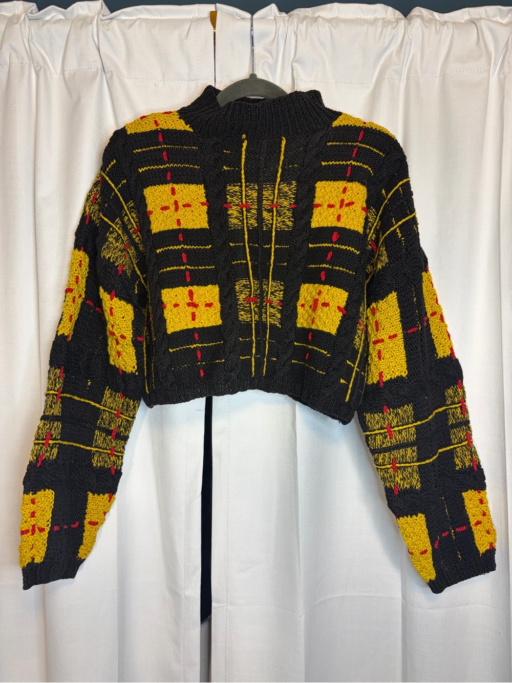 RARE Vintage 80s 90s Michael Simon Handknit Plaid cropped sweater Size Small - Picture 3 of 6